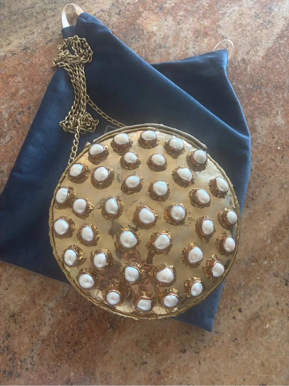 Gold Round Pearl-Studded Evening Crossbody